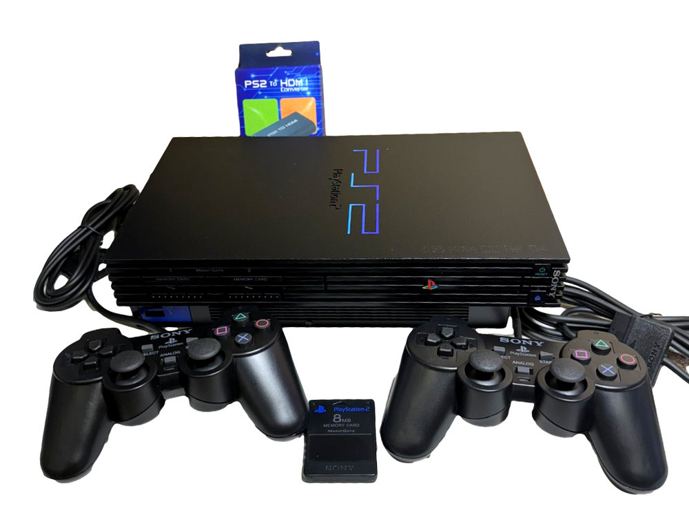 Black Fatboy PS2 Console + 2 x Dual Shock Controller PAL with HDMI Ada