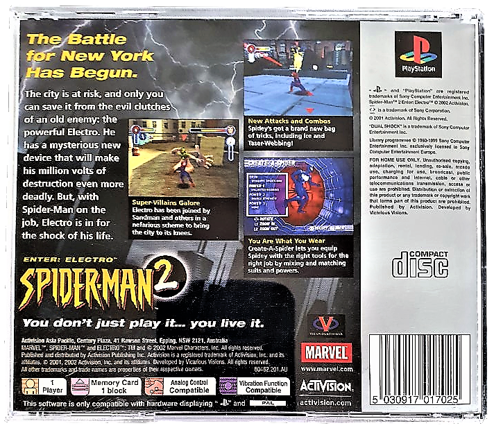 Spider-Man 2 Enter Electro (Platinum) PS1 PS2 PS3 PAL *Complete* (Pre-Owned)