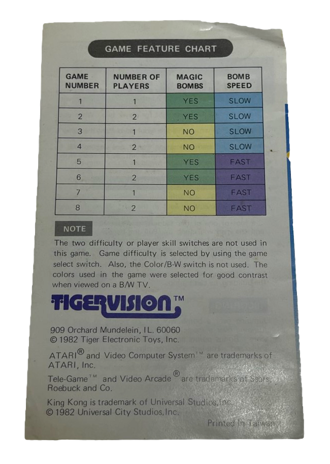 King Kong Atari 2600 Tigervision Manual Only (Preowned)